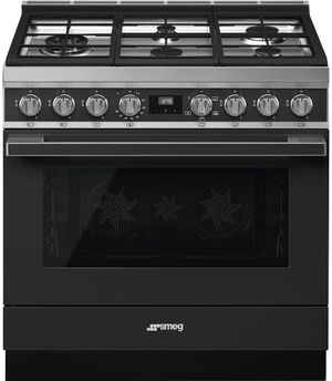 front view of the Smeg Portofino Aesthetic 36" Matte Black Pro Style Natural Gas Range