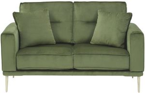 Green velvet loveseat with green throw pillows