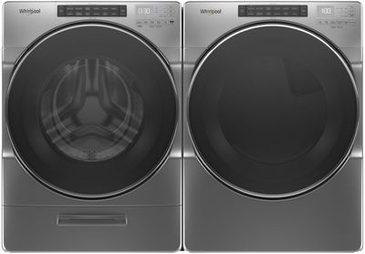 Silver Whirlpool front load washer and dryer