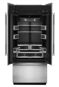 front view of an open JennAir® 20.8 Cu. Ft. Panel Ready Built In French Door Refrigerator