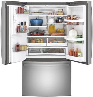 GE French door refrigerator with doors open and food inside