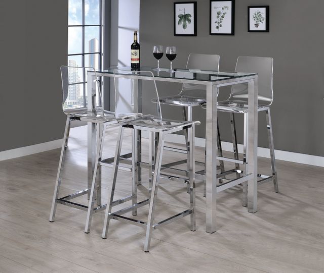 glass pub height table surrounded by clear chairs with two glasses of wine on top of the table