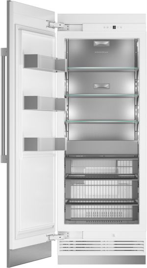front view of an opened Monogram® 16.7 Cu. Ft. Custom Panel Smart Integrated Column Freezer