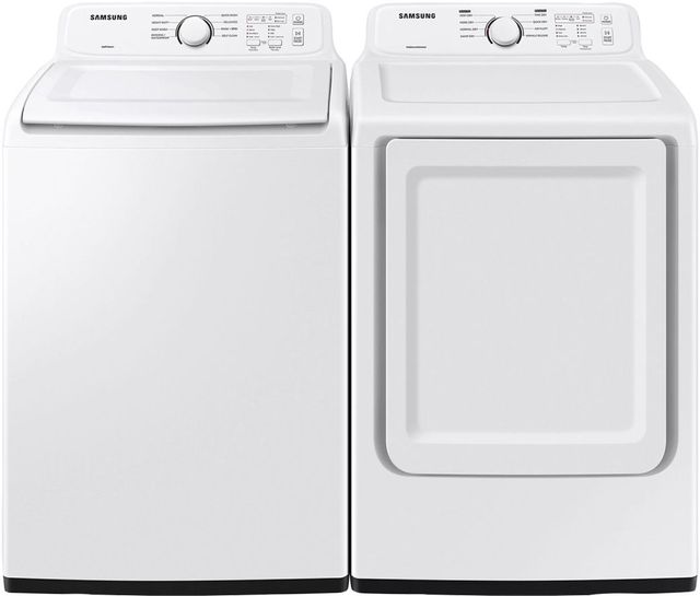 Front view of a Samsung top load washer and dryer set