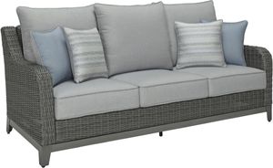 front left view of the Signature Design by Ashley® Elite Park Gray Outdoor Sofa with Cushion, a grey resin wicker outdoor sofa with light grey cushions