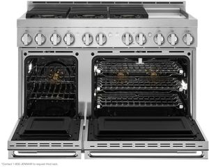 JennAir gas range with double oven doors ajar