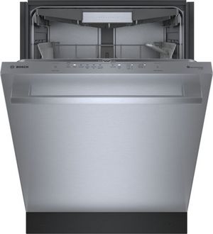 front view of a slightly opened Bosch® 500 Series 24" Stainless Steel Top Control Built In Dishwasher