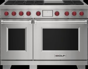 front view of the Wolf® 48" Natural Gas Stainless Steel Freestanding Dual Fuel Range and Infrared Griddle