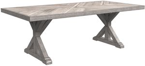 front view of the Signature Design by Ashley® Beachcroft Beige Rectangular Dining Table with Umbrella Option