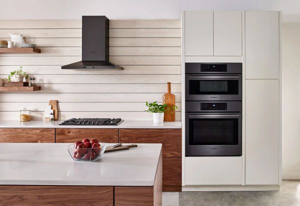 Kitchen Featuring a Bosch 800 Series 30" Black Stainless Steel Built In Electric Double Oven