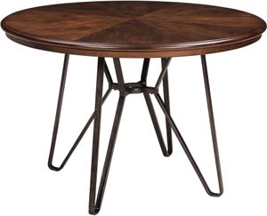 small round wooden dining table with thin black metal legs