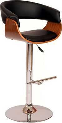 front view of the Parissa Barstool, a contemporary black leather and red wood barstool