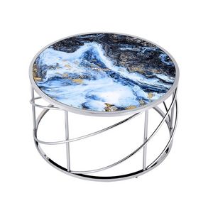 view of the Marbles Cocktail Table, a round silver coffee table with a blue, black, white, and gold marble resin countertop