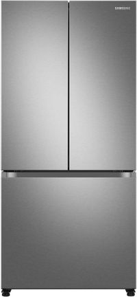 Front view of stainless steel Samsung French door refrigerator