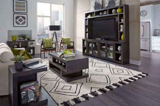 living room space with black and lime green details, stylized, with an open shelf media console