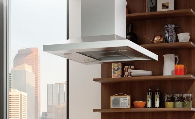 front view of a stainless steel island range hood in a transitional home