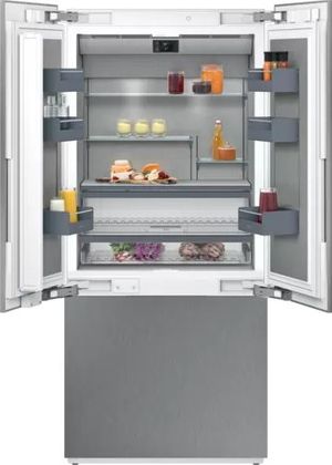 front view of an open Gaggenau 400 Series 19.4 Cu. Ft. Fully Integrated Counter Depth French Door Refrigerator