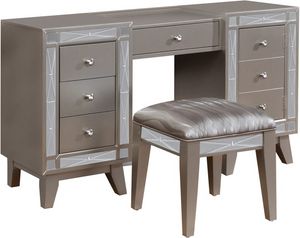 front view of the Coaster® Leighton Metallic Mercury Vanity Desk And Stool, a beige vanity and matching stool