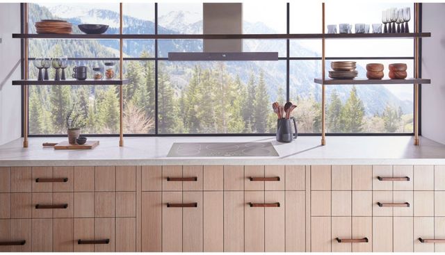 front view of a monogram cooktop and range hood in a modern kitchen with a large window as a backsplash that shows a beautiful mountain range