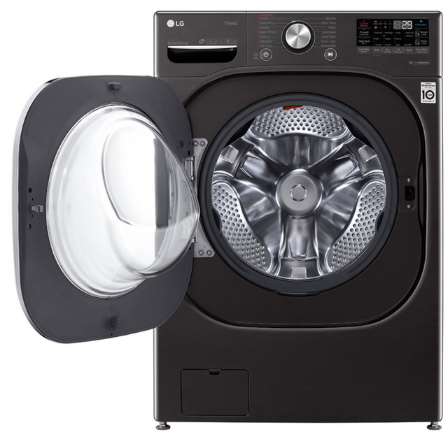 Black LG front load washer with door ajar