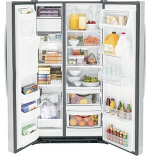 front view of an open, fully-stocked, GE® 25.3 Cu. Ft. Fingerprint Resistant Stainless Steel Side by Side Refrigerator