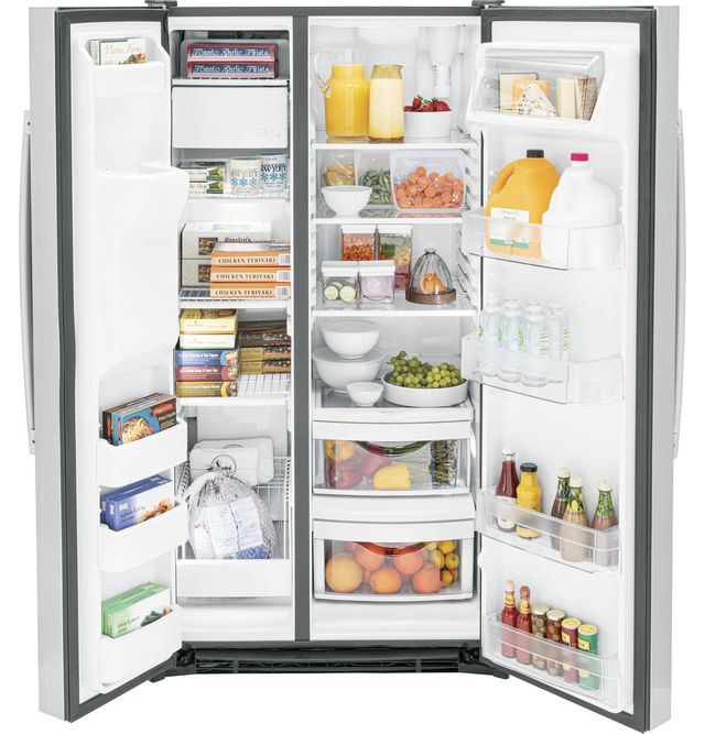 GE refrigerator with side by side doors open