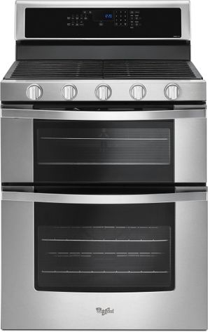front view of the Whirlpool® 30" Stainless Steel Gas Built In Double Oven Range