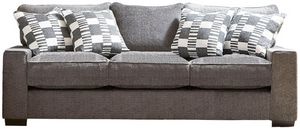 odyssey-sofa front view of a gray sofa with four throw pillows on it