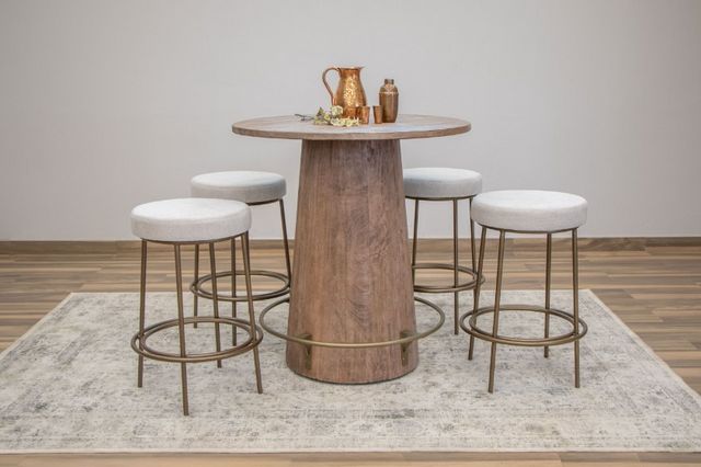 front view of a modern light wood pub table with matching backless barstools