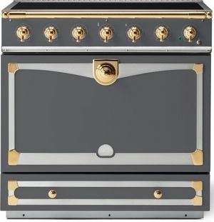front view of the La Cornue CornuFé 90 Albertine 36" Graphite Freestanding Induction Range with gold accents