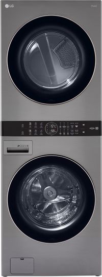 front view of the LG 4.5 Cu. Ft. Washer, 7.4 Cu. Ft. Gas Dryer Graphite Steel Front Load Stack Laundry