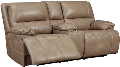 front left view of the Signature Design by Ashley® Ricmen Putty Power Reclining Loveseat with Console