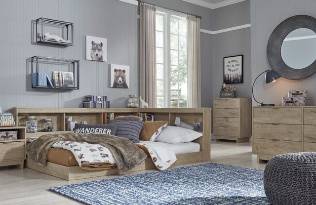 front view of a modern kids room with a wooden bookcase bed
