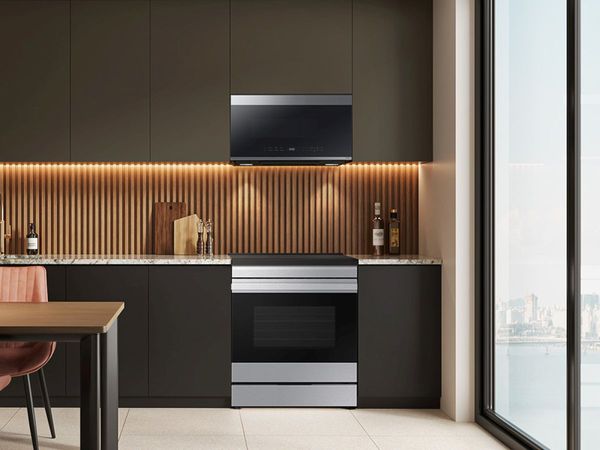 Kitchen Showcasing a Samsung Bespoke 30" Stainless Steel Slide In Induction Range