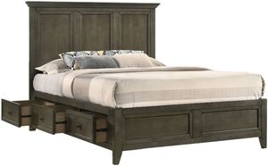 view of the Intercon San Mateo Gray Queen Storage Bed with a beige comforter and pillows