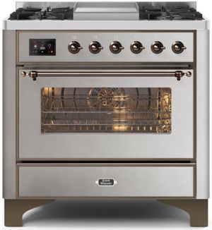 front view of the Ilve® Majestic II Series 36" Stainless Steel Free Standing Dual Fuel Liquid Propane Range