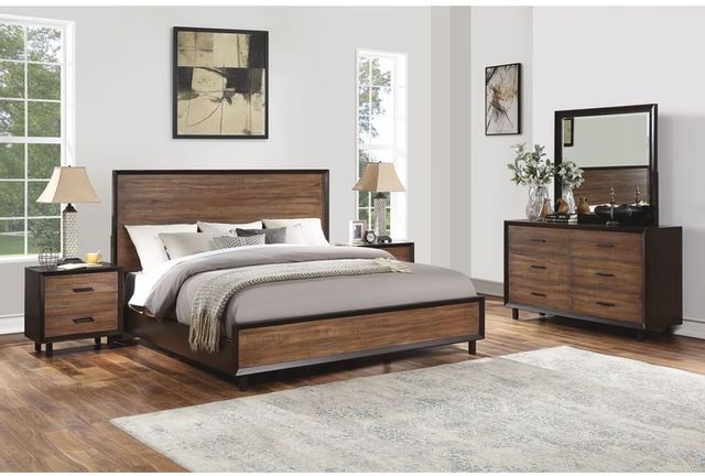 front view of a modern bedroom with contemporary two-tone wooden bedframe and a matching side table and dresser