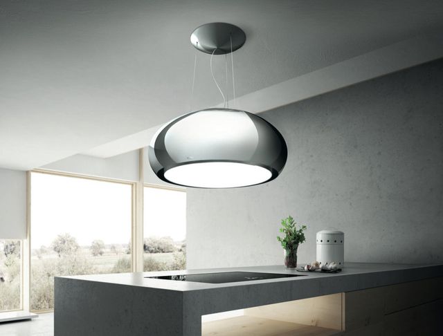 front view of the Elica Iconic Seashell 32" Mirror Stainless Island Range Hood handing in a modern contemporary gray kitchen
