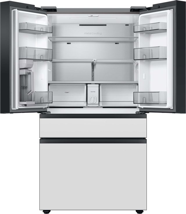 White Bespoke Samsung French door refrigerator with doors ajar