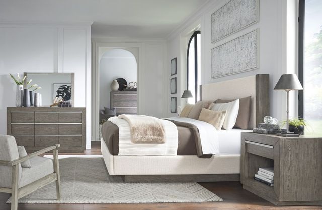 side view of a modern small bedroom with beige walls and furniture