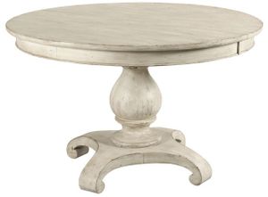 front view of the Kincaid® Selwyn Lloyd Cottage White Pedestal Dining Table, a farmhouse style brushed white pedestal table
