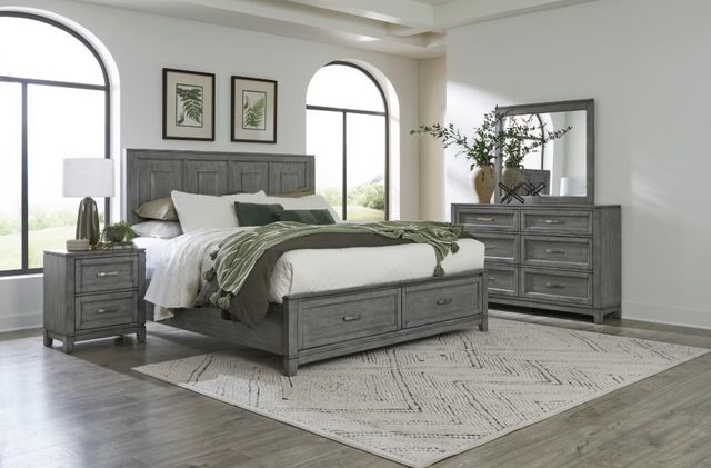 front view of a transitional bedroom with a modern grey wood bedroom set