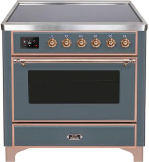 front view of the Ilve Majestic II 36" Blue Gray Freestanding Induction Range with brass accents
