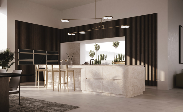 front view of a luxury kitchen with dark paneling, and ge profile wall ovens including a steam oven and a speed oven