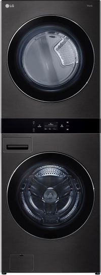 front view of the LG 5.0 Cu. Ft. Washer, 7.4 Cu. Ft. Dryer Black Steel Stack Laundry