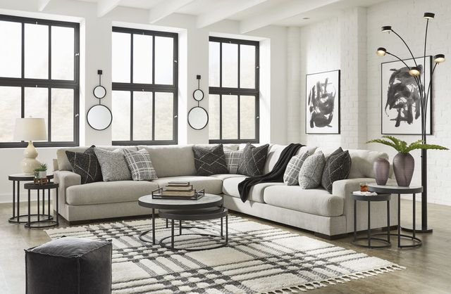 front view of a large white sectional in a modern rustic white living room