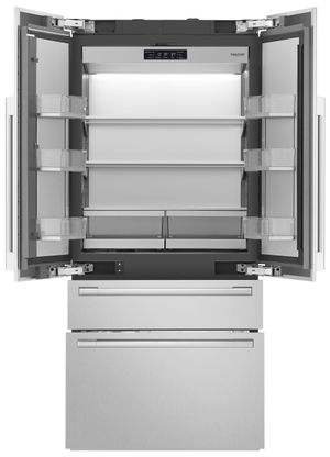 front view of the opened Signature Kitchen Suite 19.3 Cu. Ft. Panel Ready Built In French Door Refrigerator