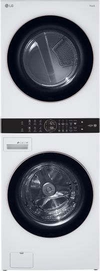 front view of the LG 4.5 Cu. Ft. Washer, 7.4 Cu. Ft. Gas Dryer White Front Load Stack Laundry