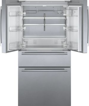front view of the opened Bosch® 800 Series 20.5 Cu. Ft. Stainless Steel Counter Depth French Door Refrigerator