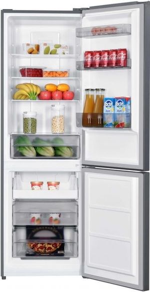 front view of the opened and stocked Danby® 10.3 Cu. Ft. Stainless Steel Counter Depth Bottom Mount Refrigerator